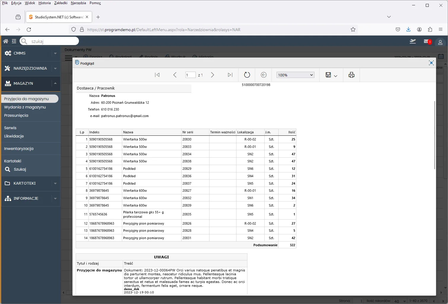 narzędziownia program TCS.net dokument podgląd