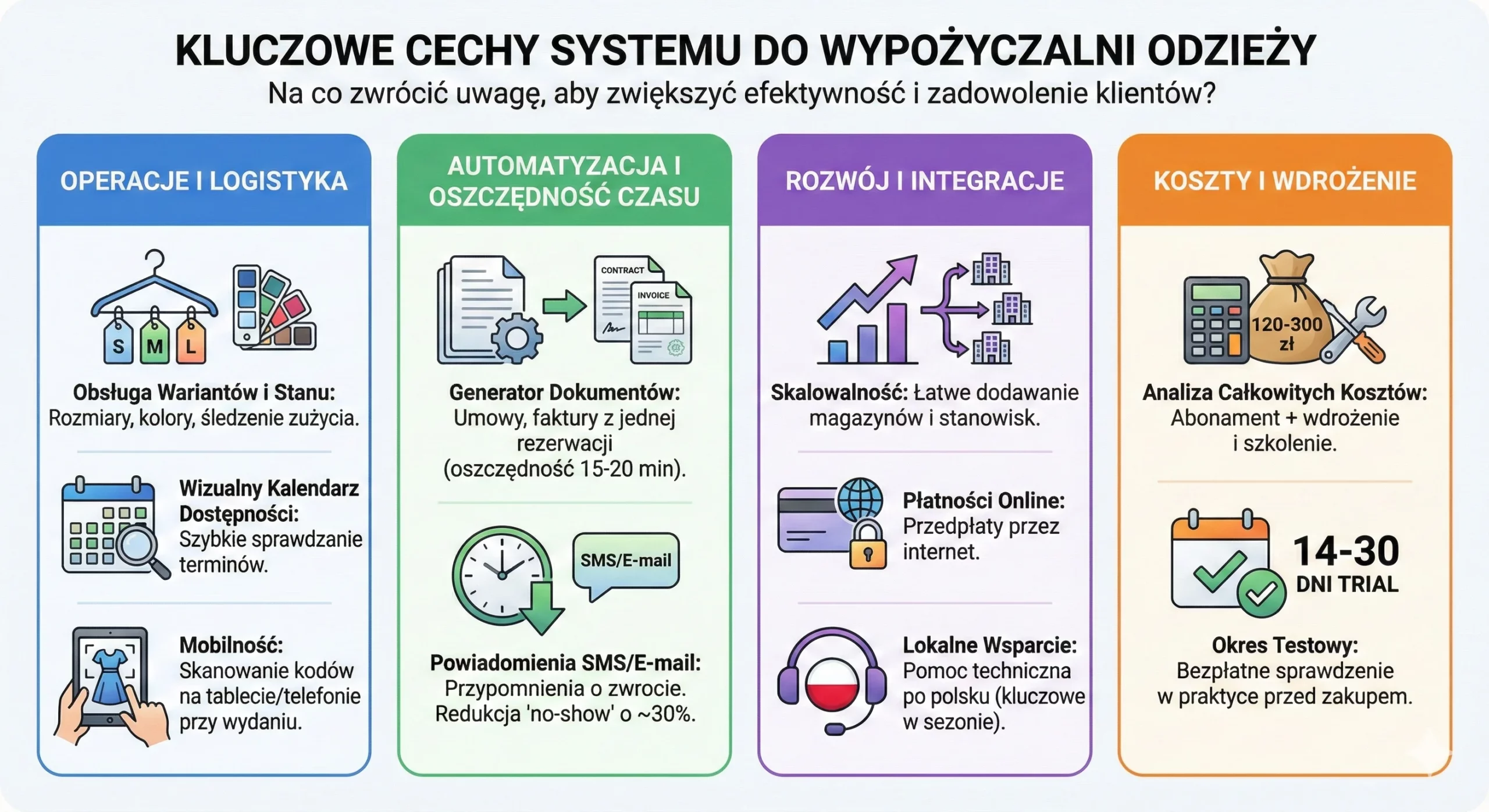 Infografika SoftwareStudio przedstawiająca funkcje systemu do wypożyczalni odzieży, w tym logistykę i automatyzację.