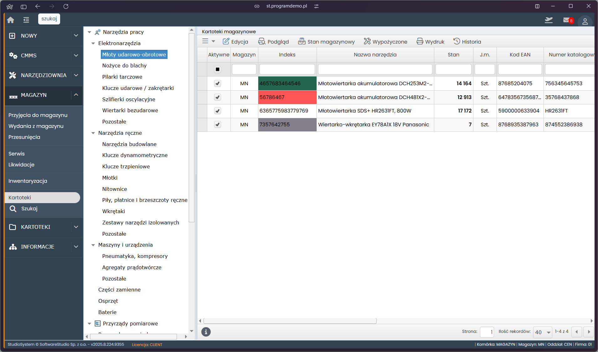 Tabela magazynu narzędzi: kolumny z nazwami, kodami, stanami i lokalizacjami.