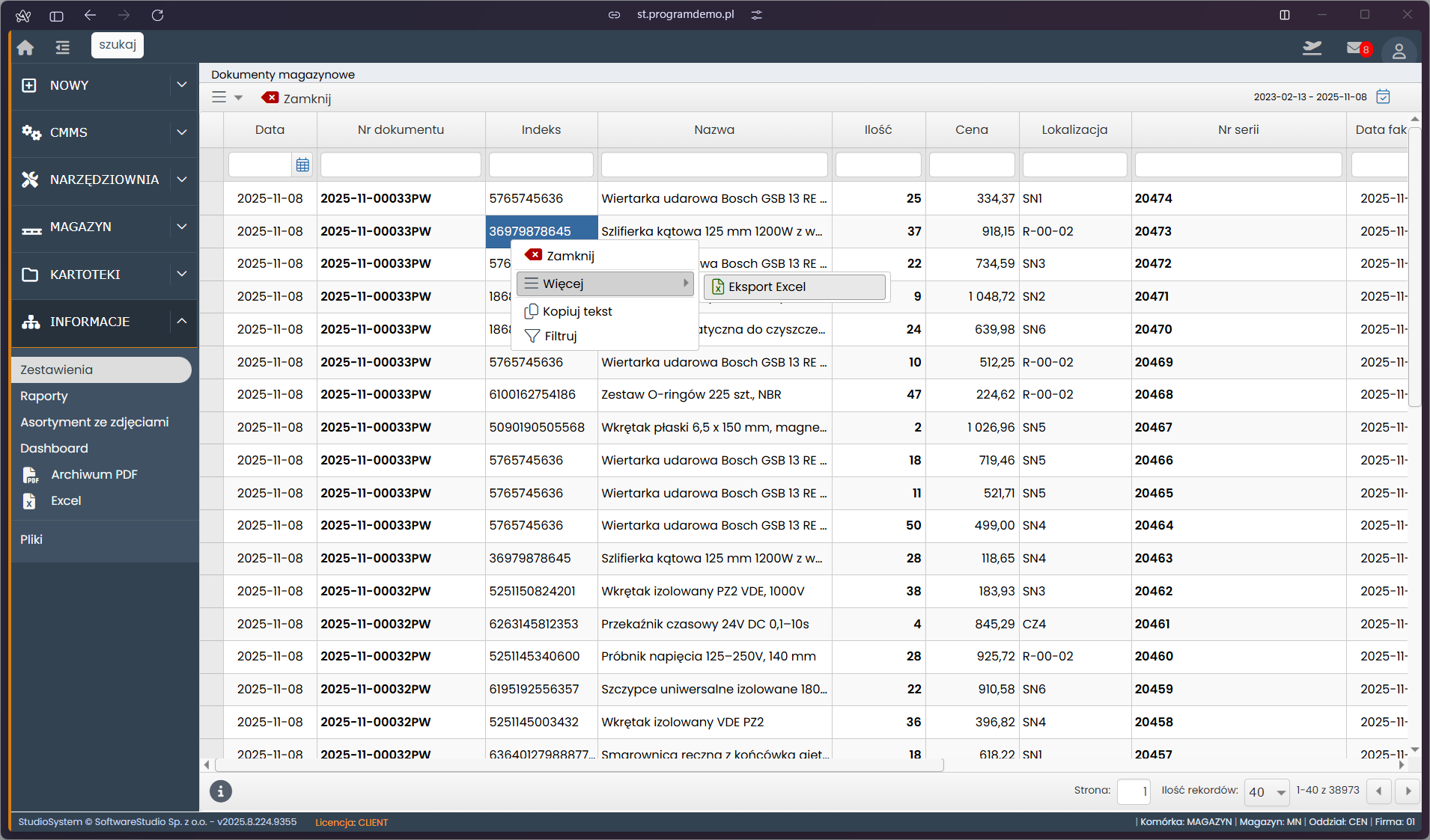 Tabela importu danych: kolumny z datami, opisami transakcji i statusami z Excel do SQL.