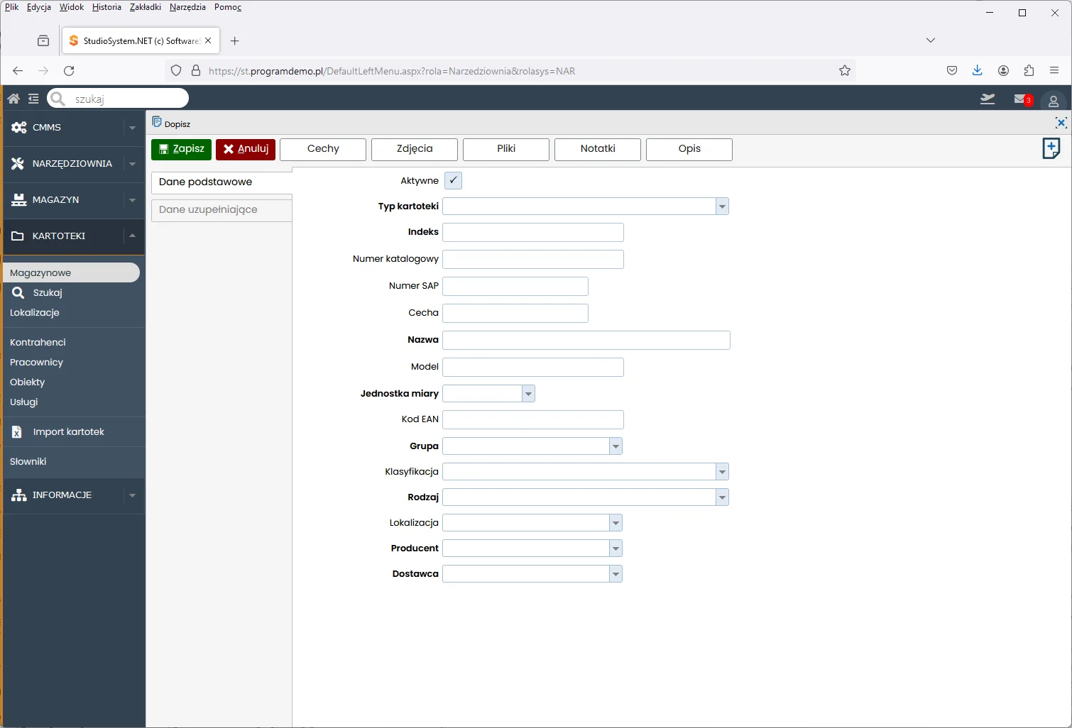 program TCS.net narzędziownia zakładanie kartoteki magazynowej