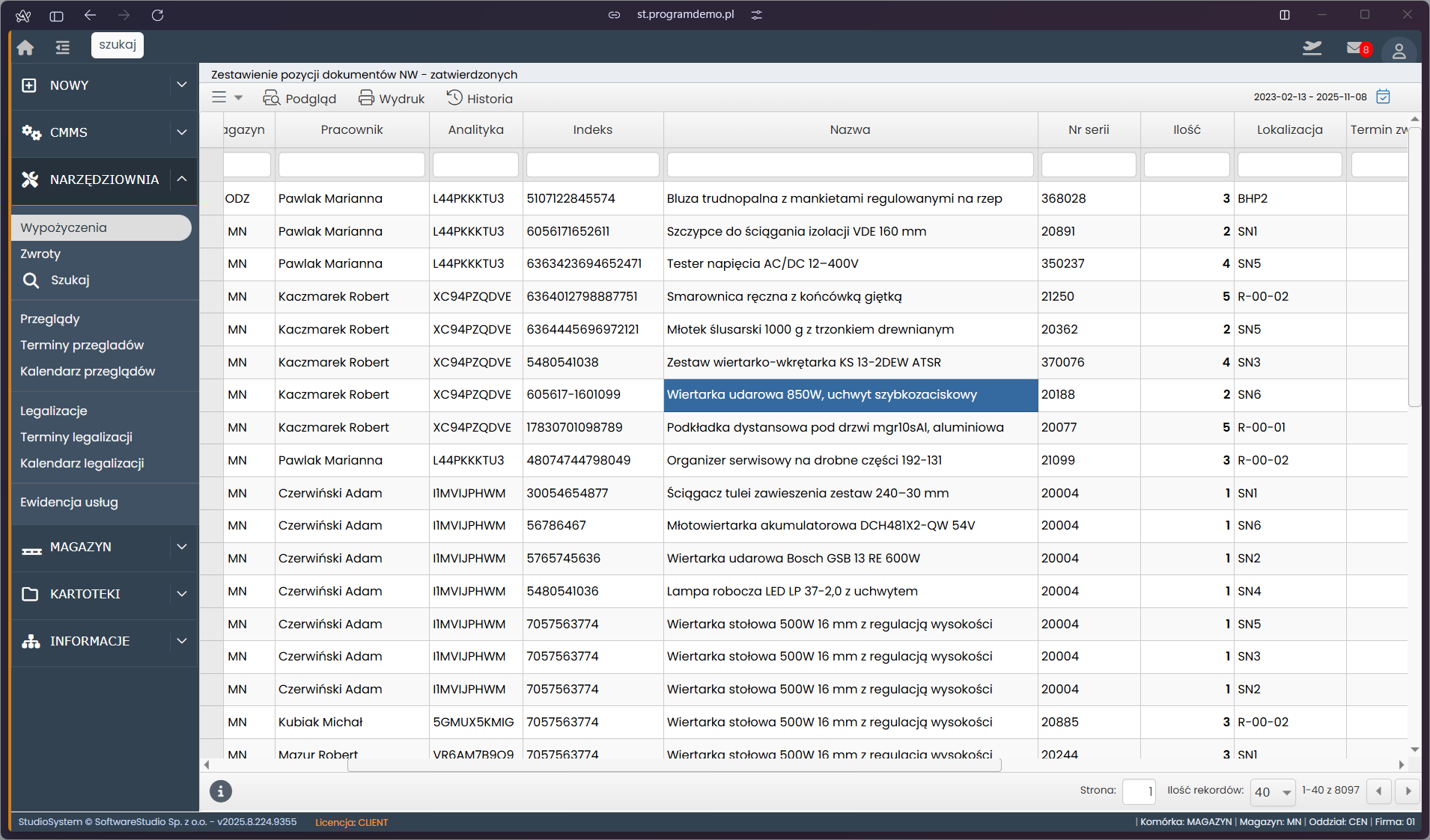 Tabela wypożyczeń narzędzi w WMS z danymi o użytkownikach, narzędziach i terminach.