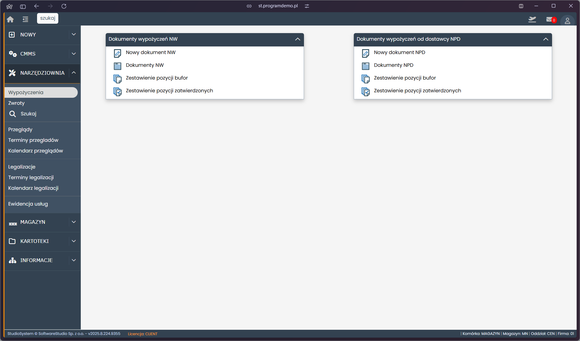 Panel wypożyczeń narzędzi: dokumenty NW i NPD, zestawienia bufor i zatwierdzone.