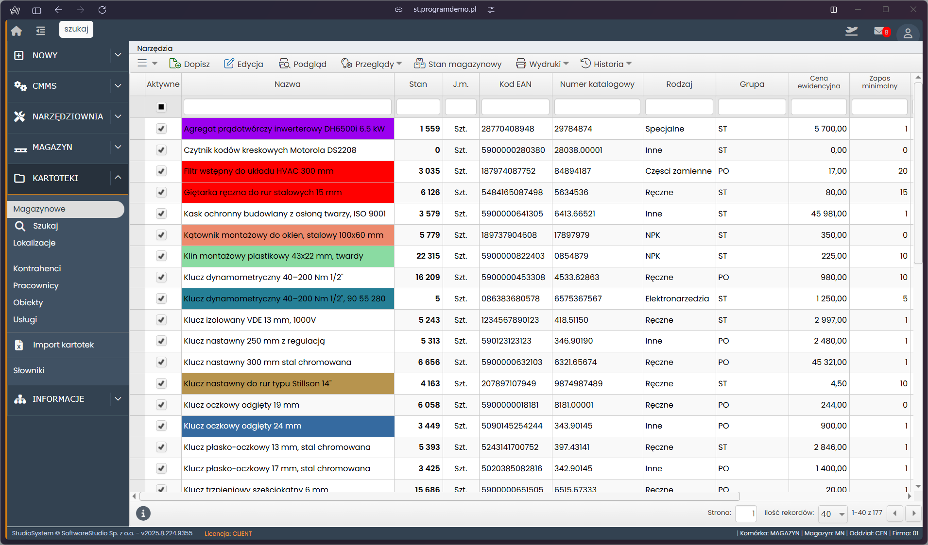 Tabela gospodarki narzędziami: kolumny z nazwami, kodami, datami i stanami magazynowymi.