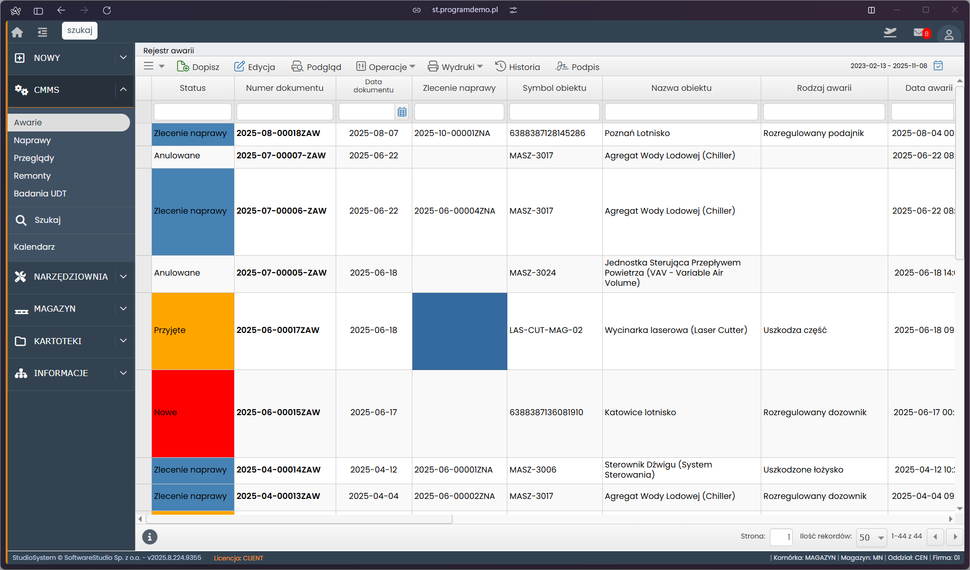 Tabela zleceń konserwacyjnych w aplikacji CMMS z statusami i datami wykonania.