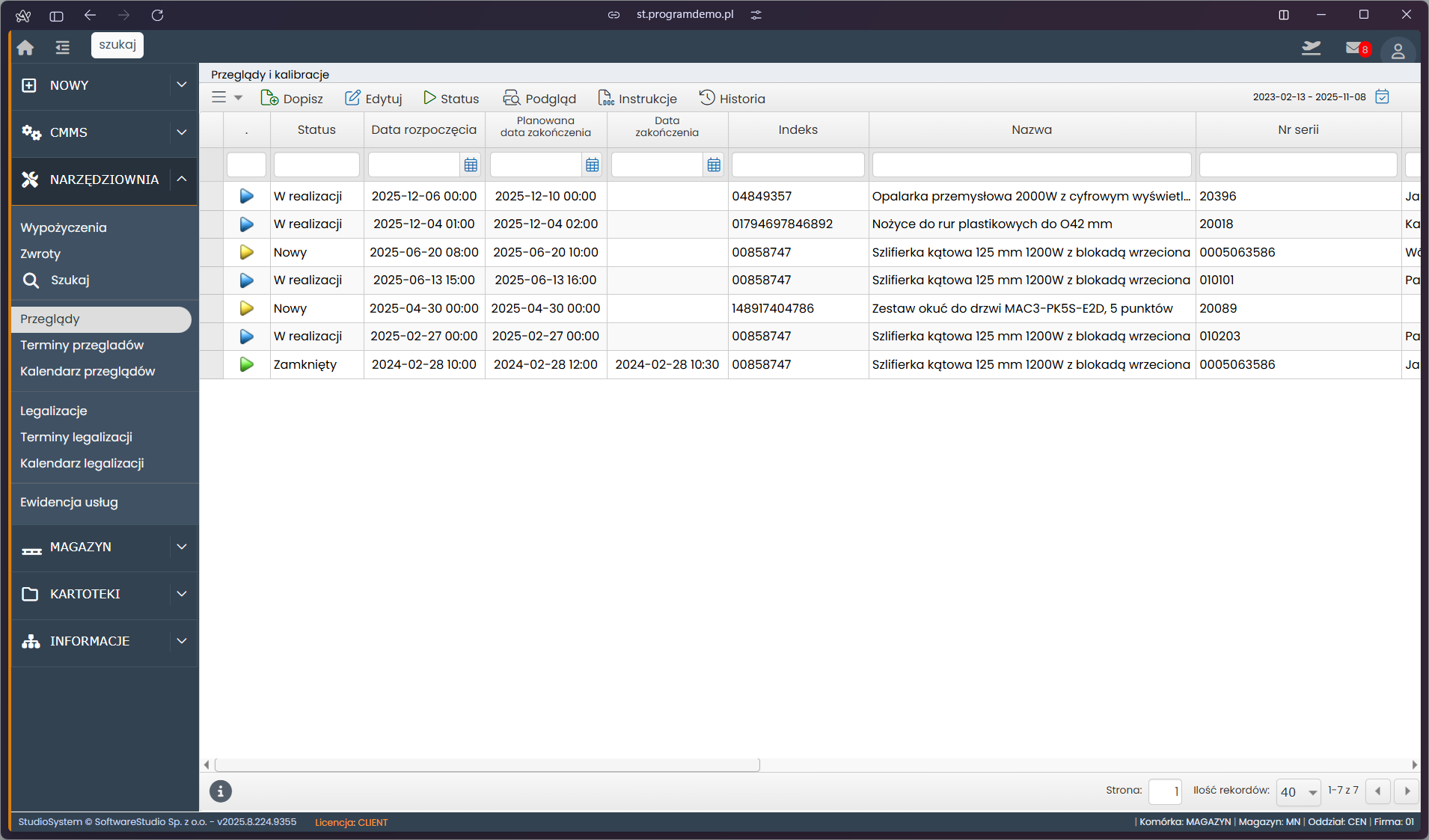Tabela zleceń narzędziowych w module zarządzania z datami i opisami zadań.