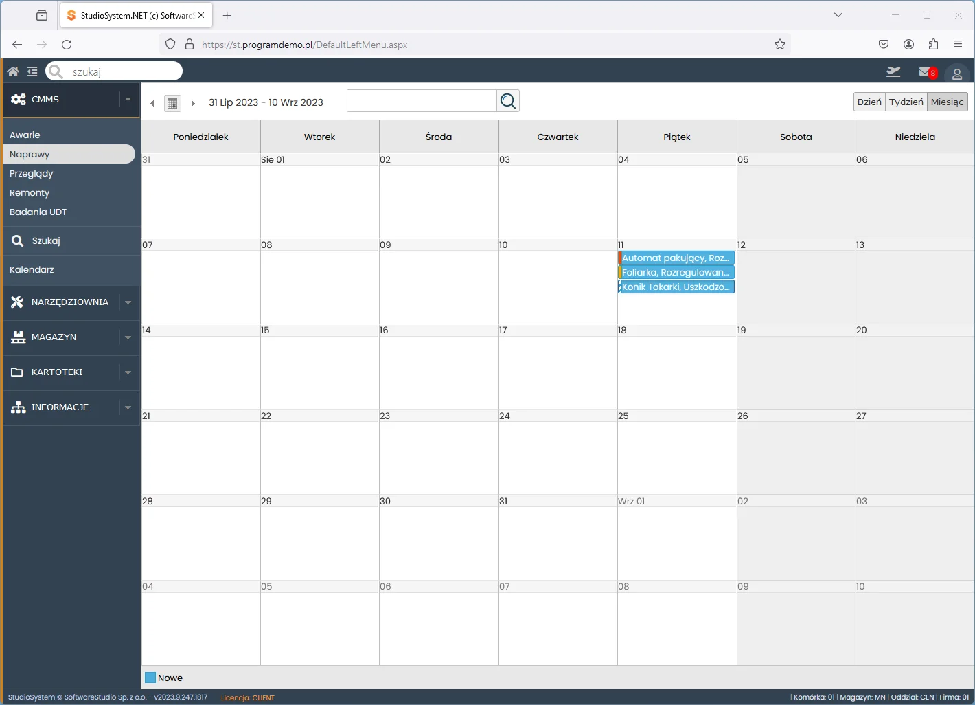 Studio TCS.net moduł CMMS kalendarz napraw