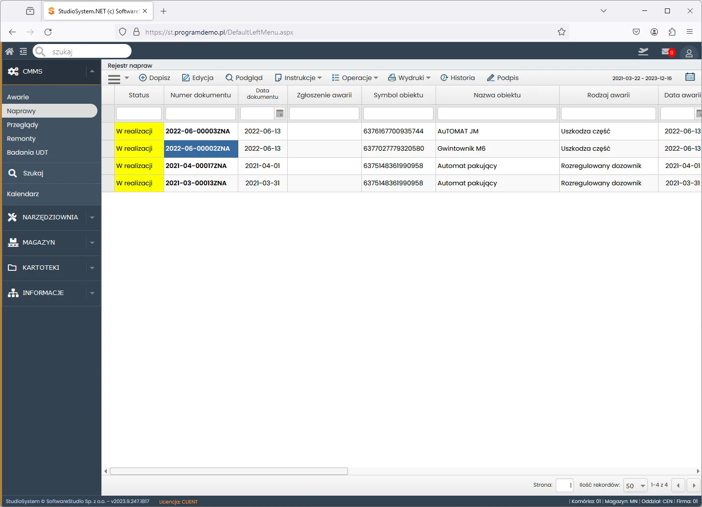 Studio TCS.net moduł CMMS rejestr napraw