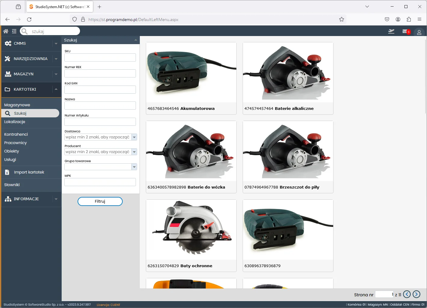 Studio TCS.net moduł Kartoteki magazynowe szukaj