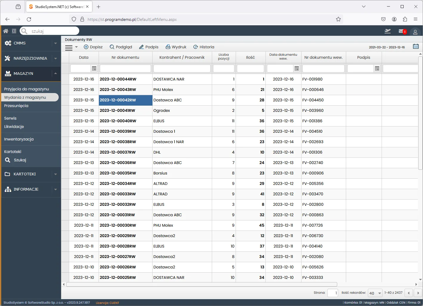Studio TCS.net moduł Magazyn rejestr wydań