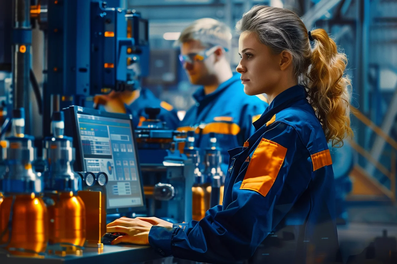 Kobieta w niebieskim stroju roboczym obsługuje system CMMS do zarządzania narzędziownią i utrzymaniem ruchu w nowoczesnym zakładzie przemysłowym.