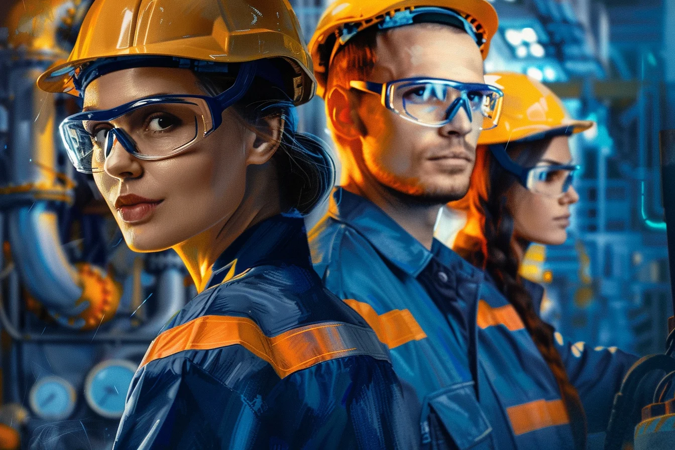 Zespół pracowników technicznych w kaskach i okularach ochronnych na tle nowoczesnej infrastruktury przemysłowej obsługiwanej przez system CMMS.