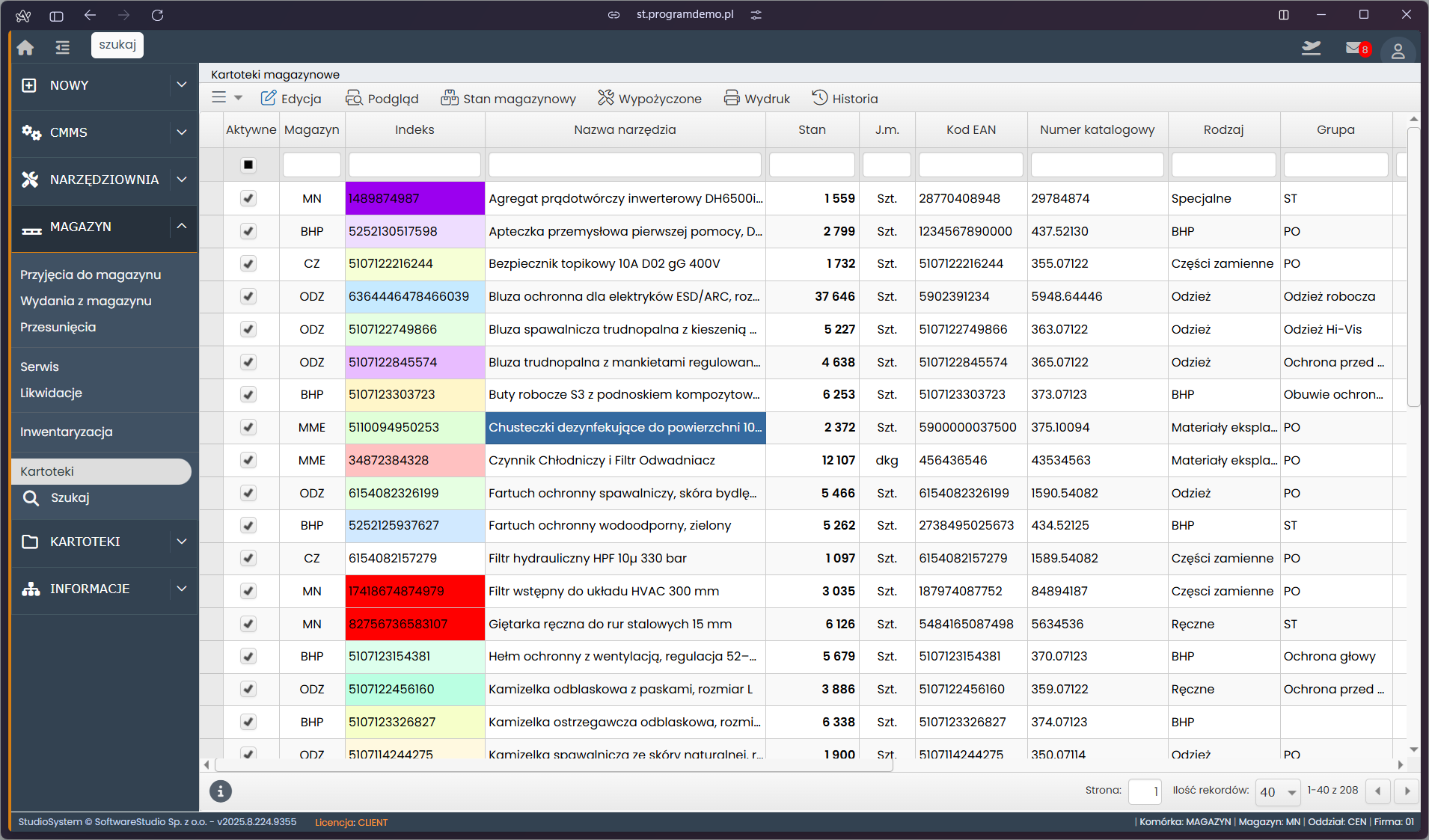 Tabela magazynu narzędzi z kolorami: nazwy, kody, stany i lokalizacje