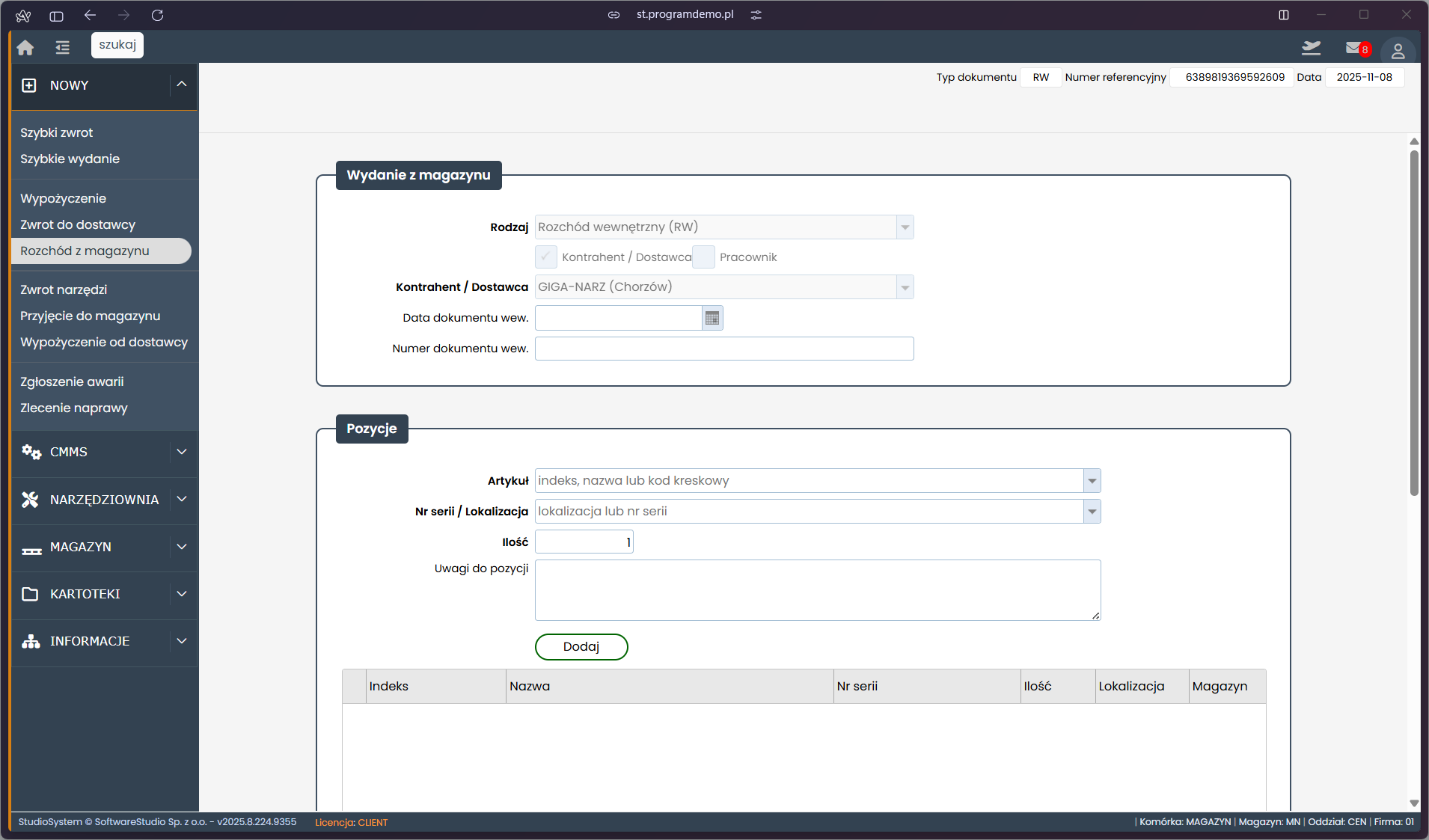 Interfejs oprogramowania Studio WMS.net przedstawiający formularz wydania z magazynu (RW) z widoczną sekcją pozycji i danymi kontrahenta.