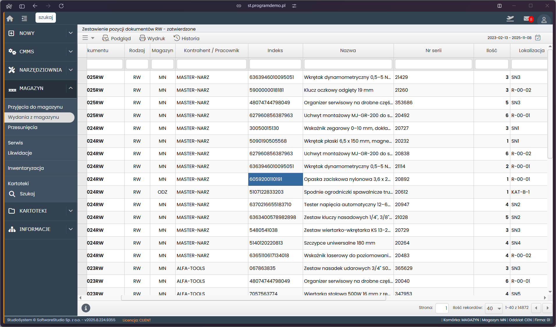Interfejs oprogramowania Studio TCS.net przedstawiający zestawienie pozycji dokumentów wydań z narzędziowni w systemie CMMS.