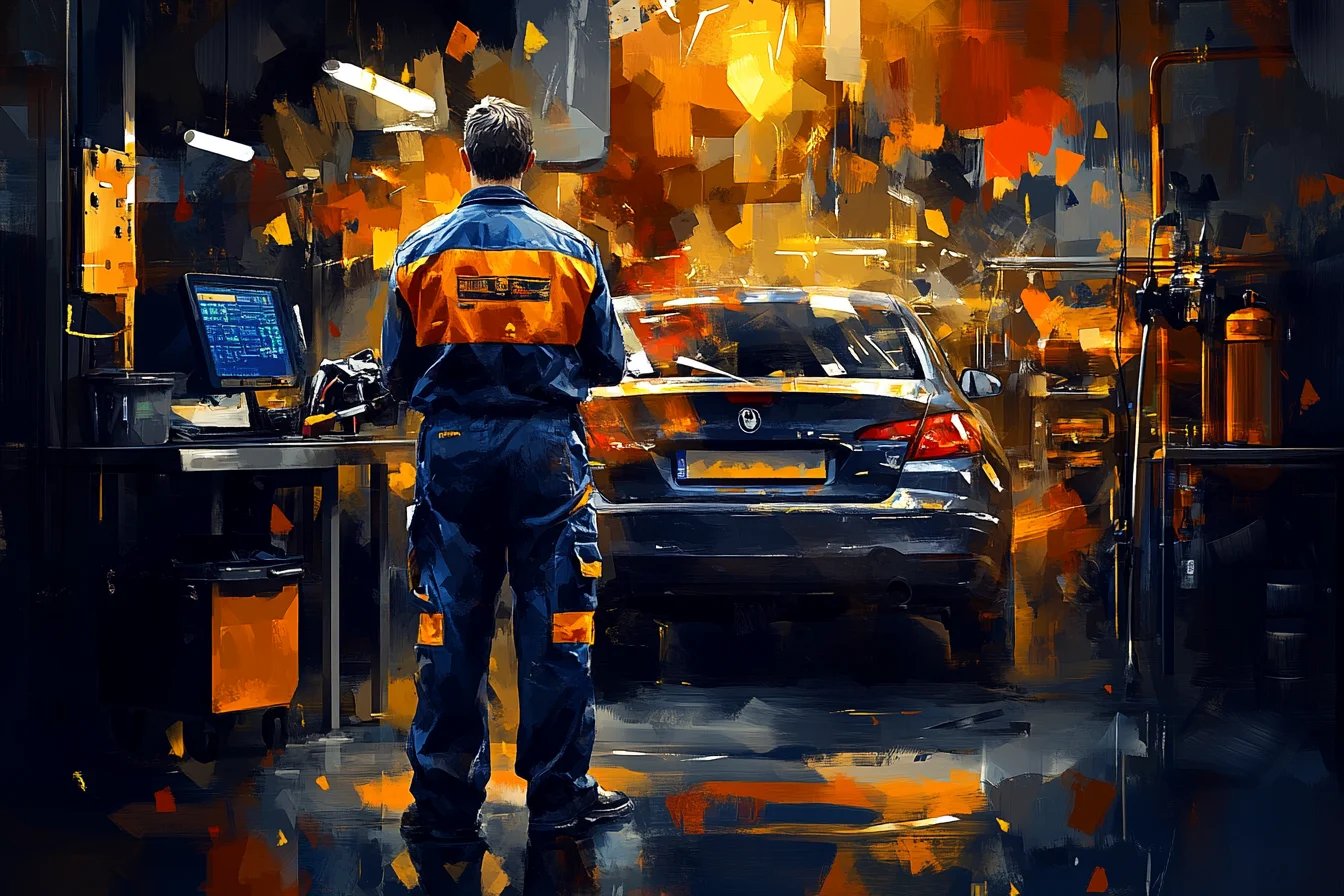Pracownik w profesjonalnej odzieży roboczej stoi przed samochodem w warsztacie zintegrowanym z systemem zarządzania zasobami.